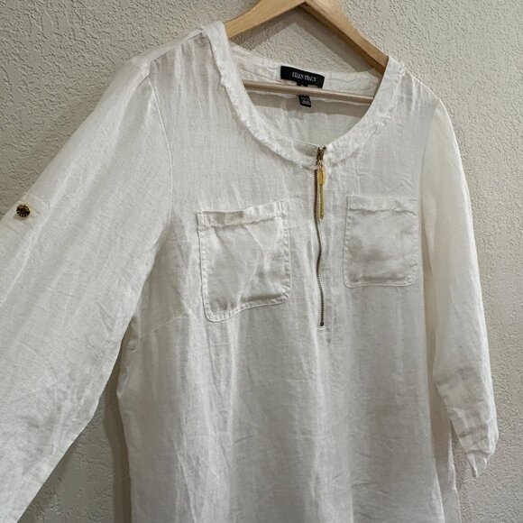 Ellen Tracy 100% Linen White Zip Front Tunic Top – Size Large - Picture 2 of 11